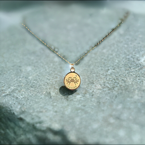 Front side of the gold cancer zodiac coin necklace on a rock-like background