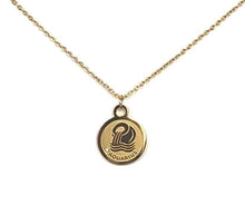 Load image into Gallery viewer,  Gold Colored Aquarius Medallion Necklace Front side with the word Aquarius on the necklace in front of a white background 
