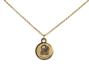  Gold Colored Aquarius Medallion Necklace Front side with the word Aquarius on the necklace in front of a white background 