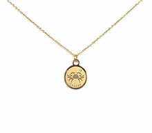 Load image into Gallery viewer, Front of a gold Cancer Medallion ( a Crab-like symbol)Necklace 
