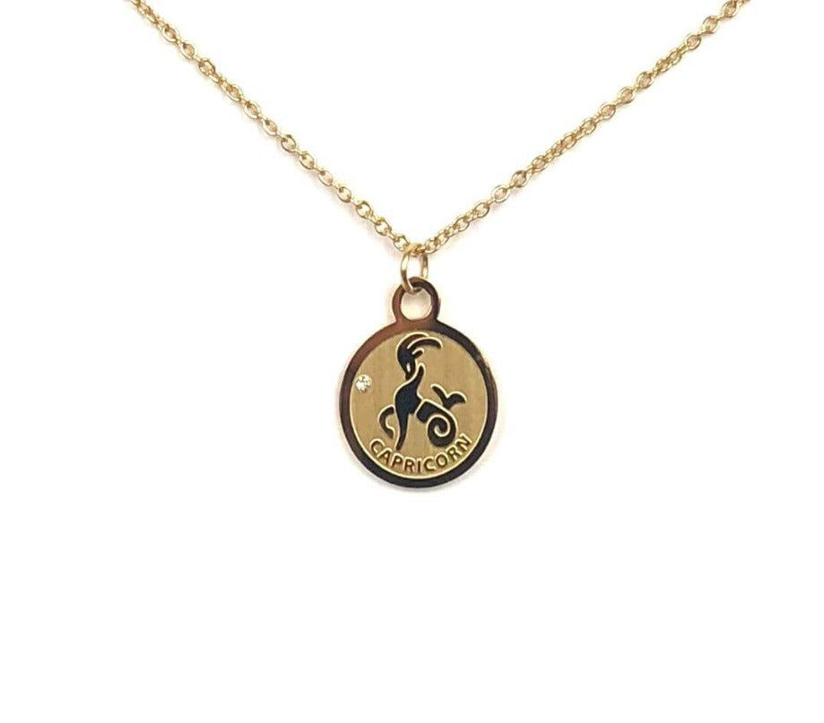 Front side of a gold Capricorn Medallion Necklace on a white background