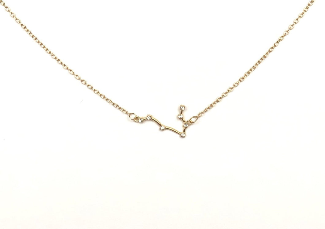 A gold Gemini Zodiac Constellation Necklace on a white background.