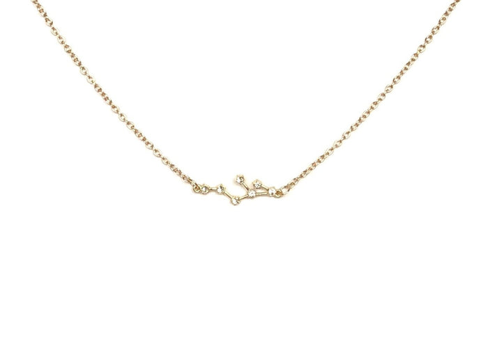 A gold Leo Zodiac Constellation Necklace  on a white background.