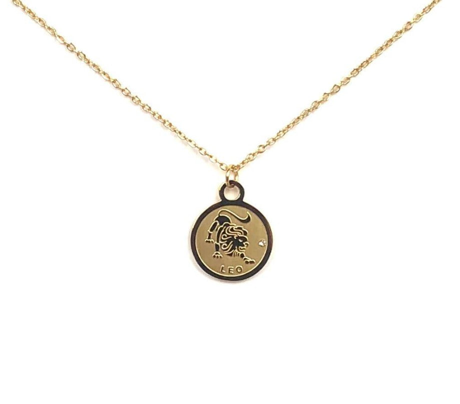 The front side of a gold Leo Medallion Necklace on a white background.