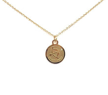 Load image into Gallery viewer, The front side of a gold Sagittarius Medallion Necklace is on a white background
